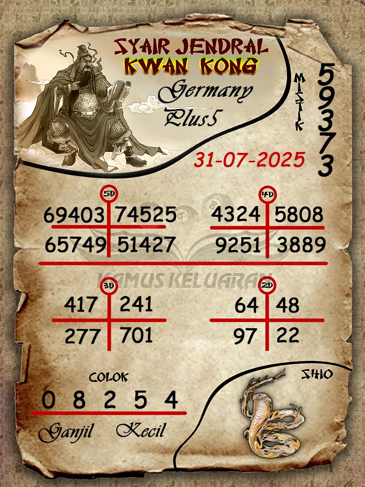 syair jendral kwan kong Germany Plus5 31 07 2025