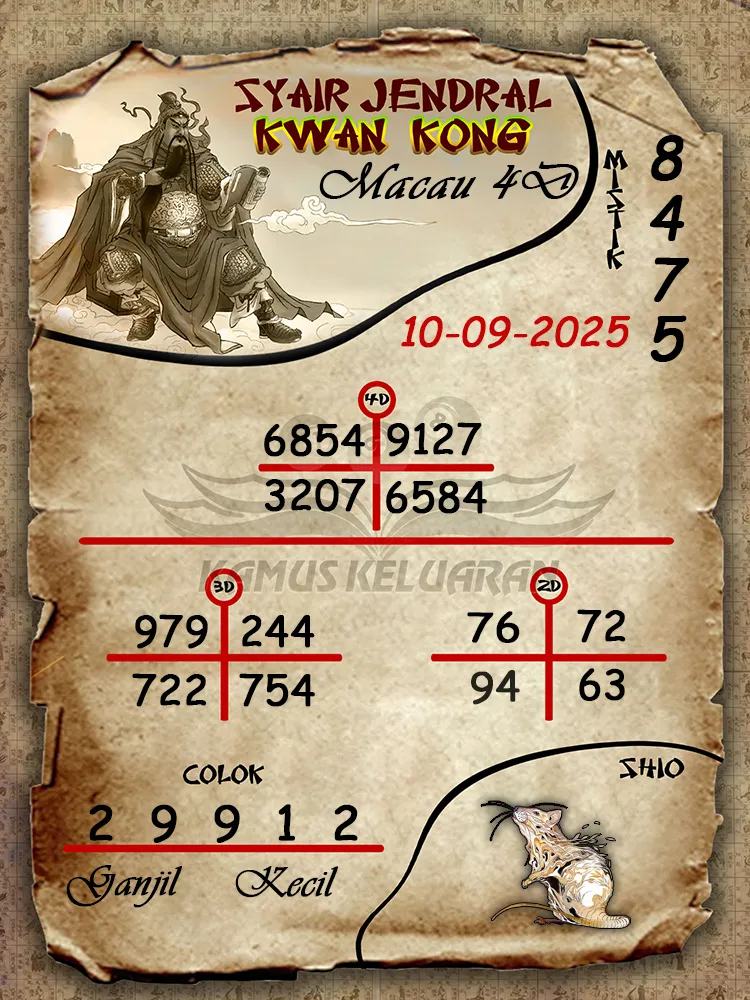 syair jendral kwan kong Toto Macau 4D 10 09 2025