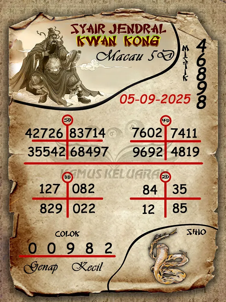 syair jendral kwan kong Toto Macau 5D 05 09 2025