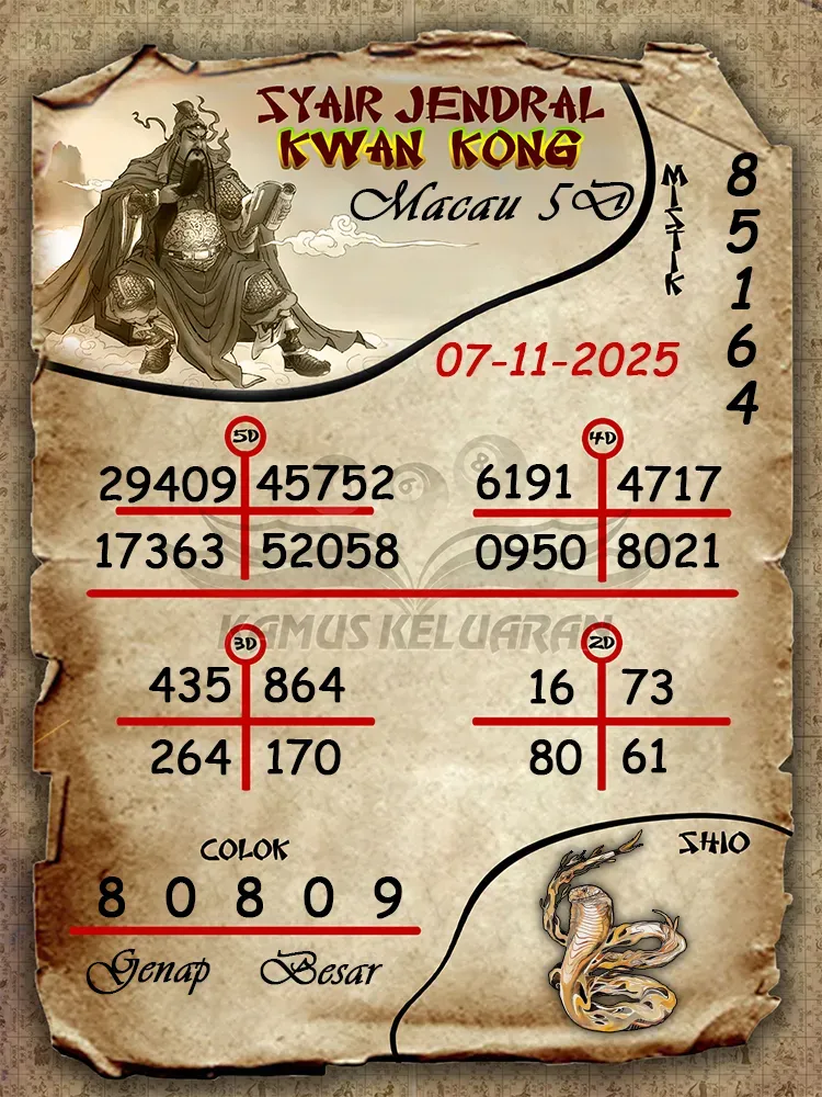 Syair Jendral Kwan Kong Toto Macau 5D 07 11 2025
