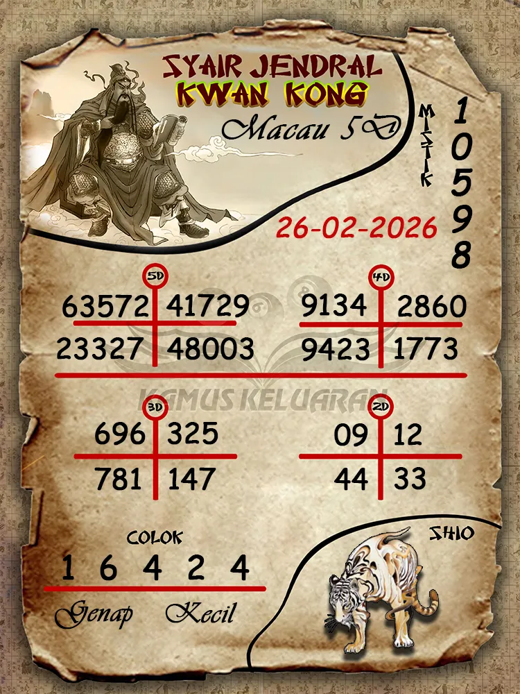 Syair Jendral Kwan Kong Toto Macau 5D 26 02 2026