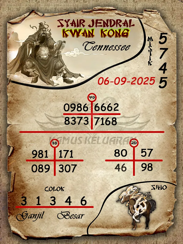 syair jendral kwan kong Tennessee 06 09 2025