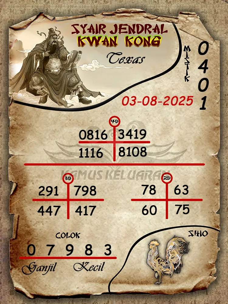syair jendral kwan kong Texas 03 08 2025